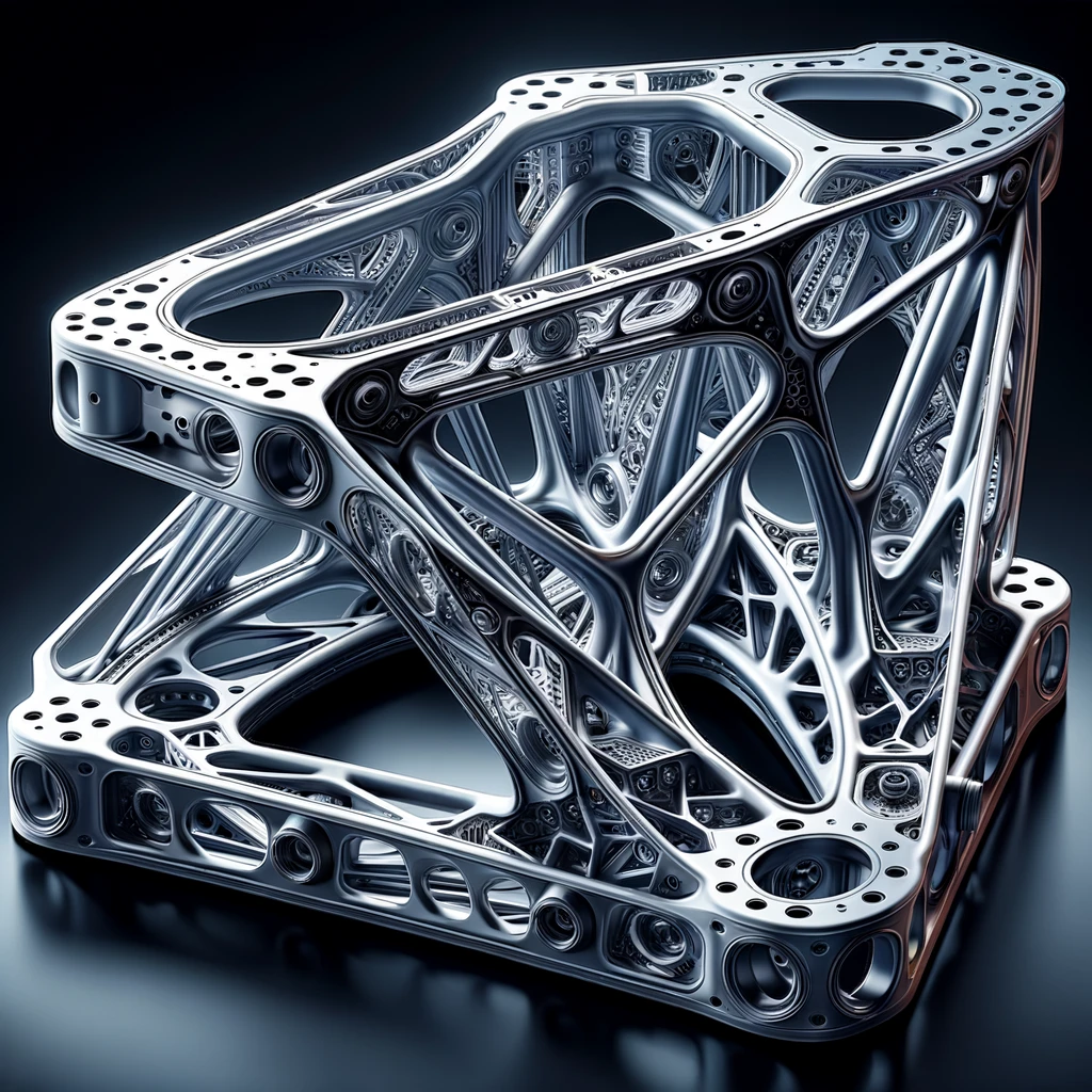 DALL·E 2024-02-17 14.56.59 - Create an image of an aerospace-grade support bracket optimized for metal 3D printing. The design showcases complex internal structures visible throug